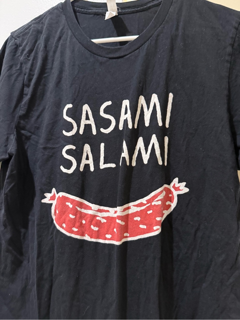 Men’s Sasami Band Black 'Sasami Salami' Graphic Tee with Red Sausage Print, L